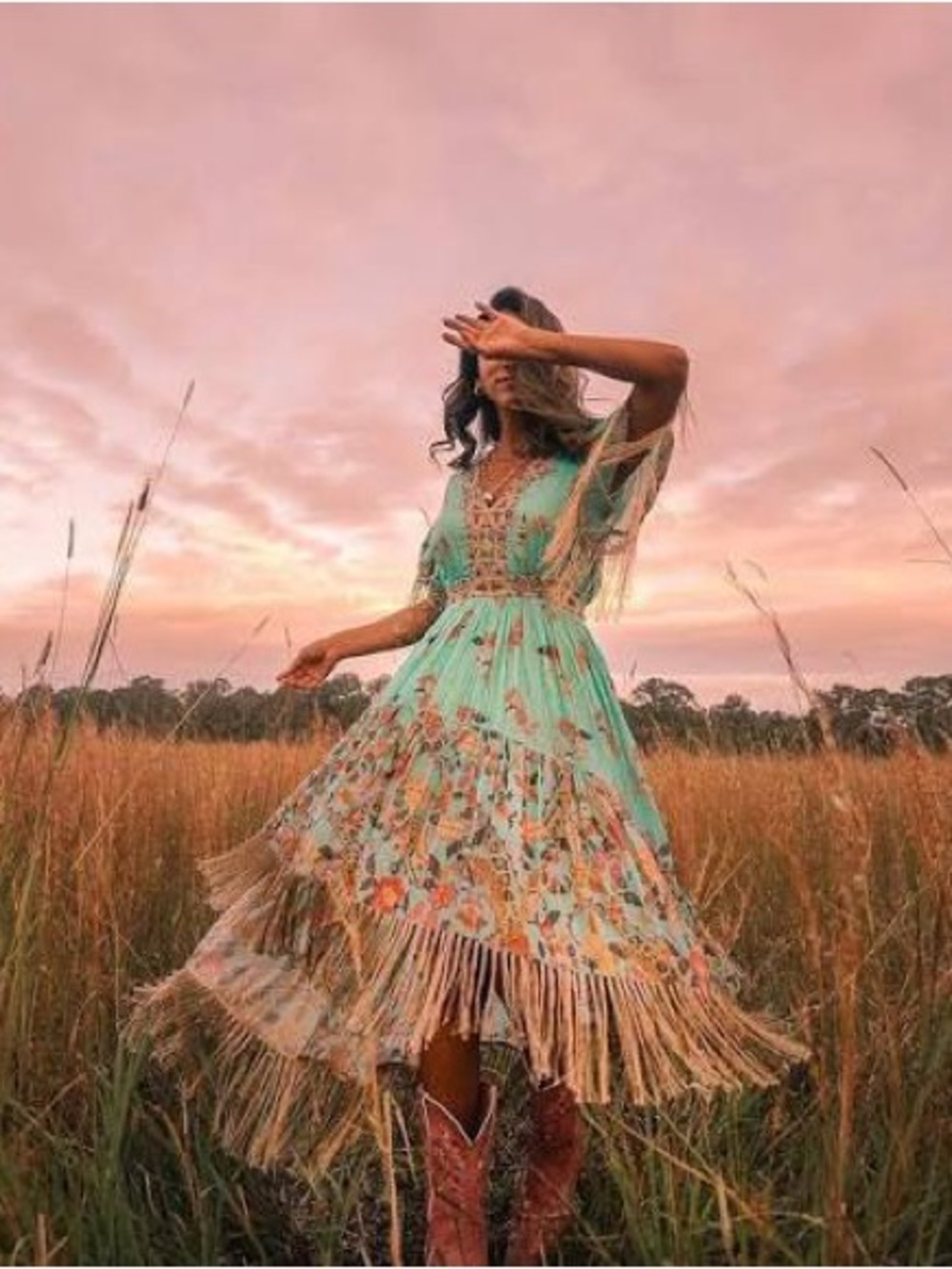 Spell Hendrix Tassel Mint Green Floral Midi Dress